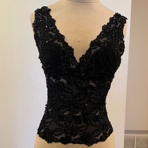 bebe Black Beaded Lace V-Neck Bra Top
